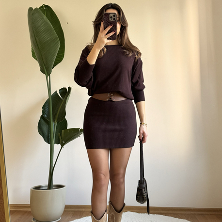Asimetrik Kesim Mini Elbise - Kahve (4633)