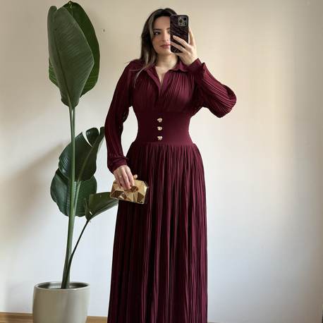 V Yaka Piliseli Elbise - Bordo (252723)