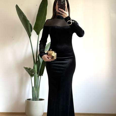 Yüksek Yaka Kloş Kadife Elbise - Siyah (252749)