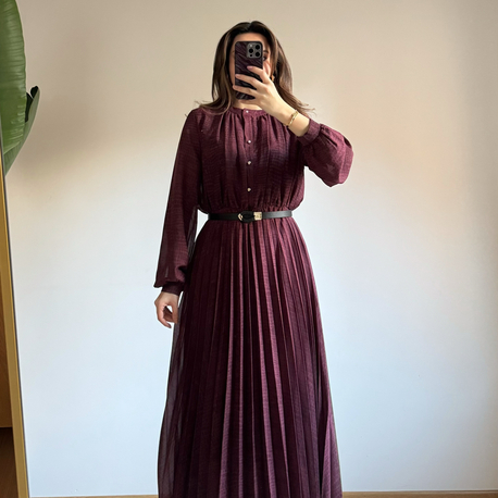 Piliseli Yarım Patlı Kemerli Elbise - Bordo (252716)