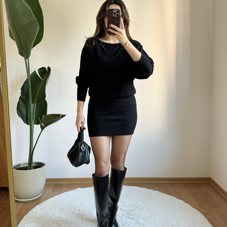 Asimetrik Kesim Mini Elbise - Siyah (4633)