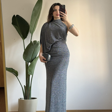 Yüksek Yaka Tek Omuz Simli Elbise - Silver (252764)
