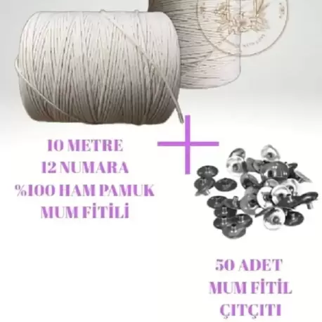 Mum Fitili 10 Metre %100 Saf Pamuk İpi + 50 Adet Fitil Sehpası Çıtçıt Kopça
