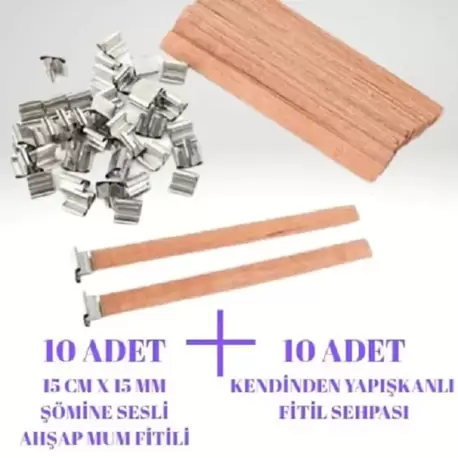 10 Adet Şömine Sesli Bambu Ahşap Mum Fitili Metal Sehpalı 15x1,5 cm