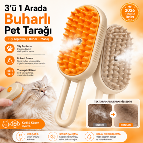 3’ü 1 Arada Buharlı Pet Tarağı | Kedi & Köpek Tüy Toplama Fırçası