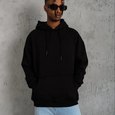 Düz Kapüşonlu Sweat Üç İplik - Siyah