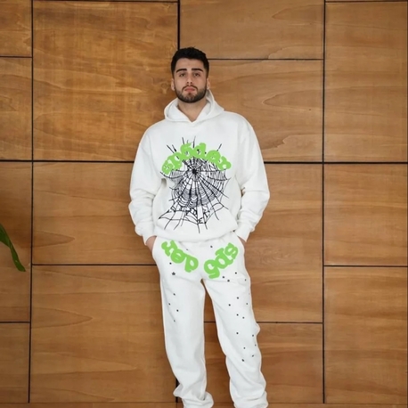 Erkek Kapüşonlu Eşofman Takım Örümcek Ağı ve Neon Yeşil Baskılı