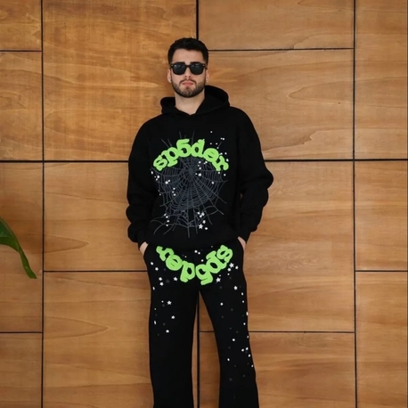 Erkek Kapüşonlu Eşofman Takım Örümcek Ağı ve Neon Yeşil Baskılı