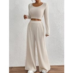 Uzun Kollu Crop Bluz ve Geniş Paça Pantolon İkili Kadın Takım - Kaşkorse Kumaş