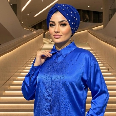 Mavi Saten Taşlı Gömlek