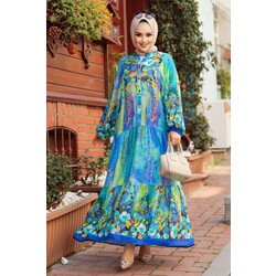 Floral Patterned Indigo Blue Hijab Dress 18235IM