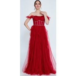FOR COSTUME
Off Shoulder Maxi Tulle Column Regular Red Wedding Guest Dress Frc9015kır