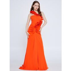 RENGIN
One Shoulder Maxi Viscose Mermaid Regular Orange Wedding Guest Dress Ren6208ora