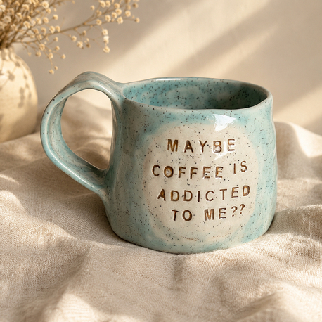 “Maybe coffee is addicted to me?” handmade mug