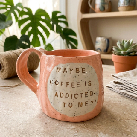 “Maybe coffee is addicted to me?” Handmade mug