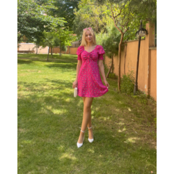 Morin Pembe A Kesim Mini Dokuma Balon Kollu Çiçek Desenli Elbise