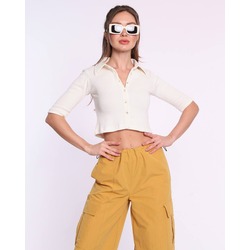 Düğme Detay Beyaz Crop