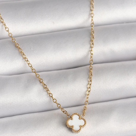 316L Çelik Gold Renk Beyaz Yonca Model Kadın Kolye | BKO10019