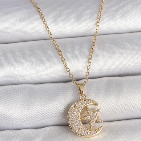 316L Çelik Gold Renk Zincir Zirkon Taşlı Ay Yıldız Model Kadın Kolye | BKO10107