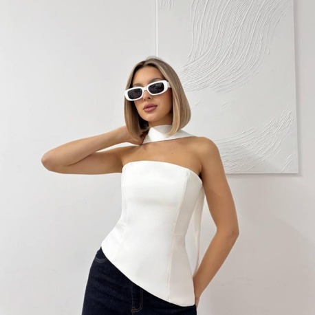 Ivory Aura Asimetrik Yaka Straplez Bluz