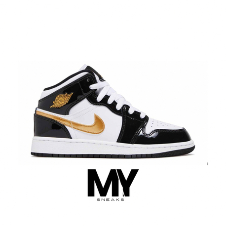 Nike Air Jordan 1 Mid Patent Black White Gold