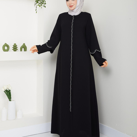 Çift Kol Detaylı Taşlı Ferace(Siyah)