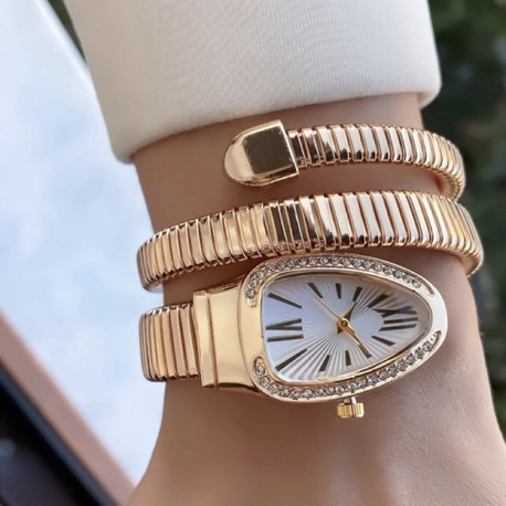 Taş Detaylı Altın Renk Spiral Kadın Saat Bileklik – Paslanmaz Çelik