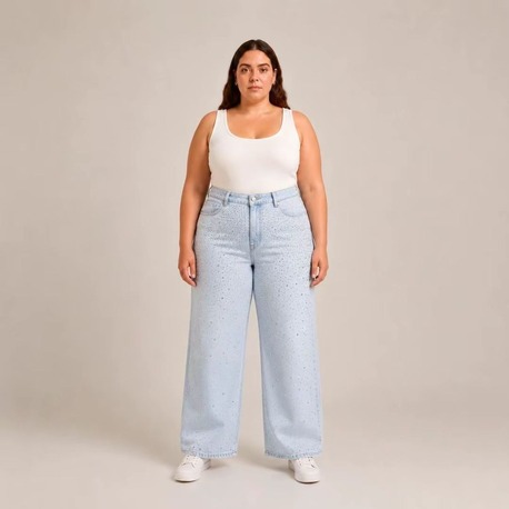 KADIN-BÜYÜK BEDEN JEANS GENİŞ PAÇA SERPME TAŞLI KOT PANTOLON-Açık Buz