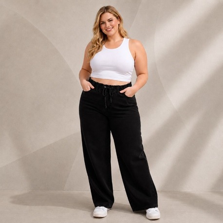Yeni Sezon-Yüksek Bel Lastikli Wide Leg Pantolon - Esnek ve Rahat Kesim Jean-Siyah
