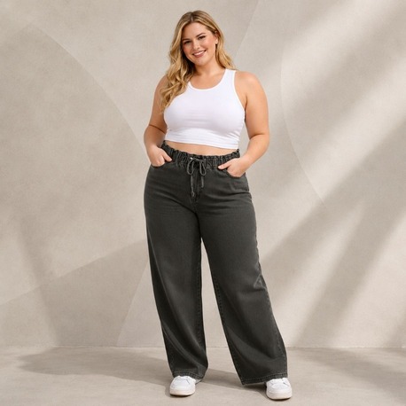 Yeni Sezon-Yüksek Bel Lastikli Wide Leg Pantolon - Esnek ve Rahat Kesim Jean-Gri
