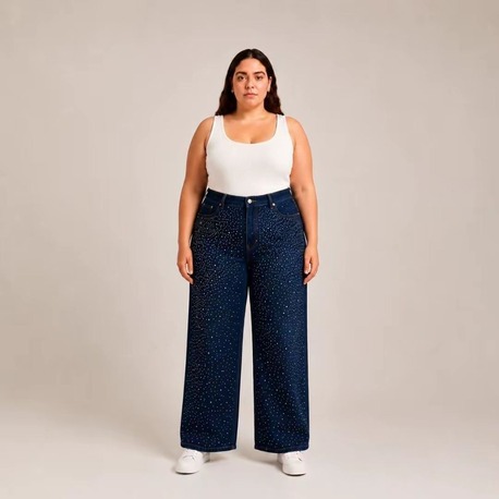 KADIN-BÜYÜK BEDEN JEANS GENİŞ PAÇA SERPME TAŞLI KOT PANTOLON-Koyu Kot Mavi