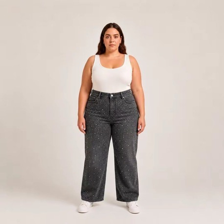 KADIN-BÜYÜK BEDEN JEANS GENİŞ PAÇA SERPME TAŞLI KOT PANTOLON-Gri