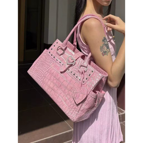y2k büyük pink croco tote shoulder çanta premium