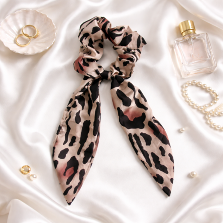Leopar Saten Fiyonklu Scrunchie Toka