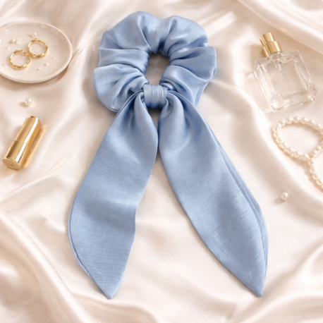 Mavi Saten Fiyonklu Scrunchie Toka