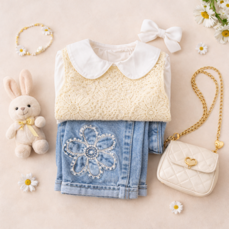 Papatya Nakışlı Şık Kot Takım