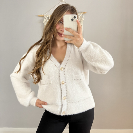 Gold Detay Angora Hırka Beyaz
