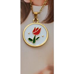 Mineli Lale Detaylı Çelik Kolye 