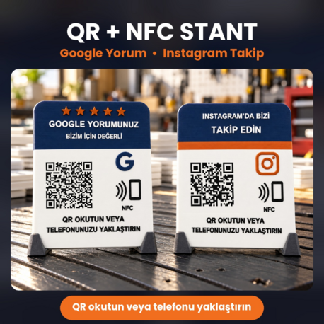 QR + NFC Masaüstü Stant | Google Yorum / Instagram Takip