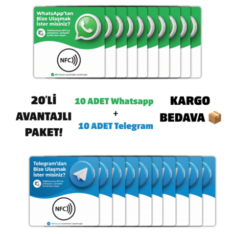 20'li Avantajlı Paket - 10 WhatsApp + 10 Telegram NFC Kurumsal Set (KARGO BEDAVA)