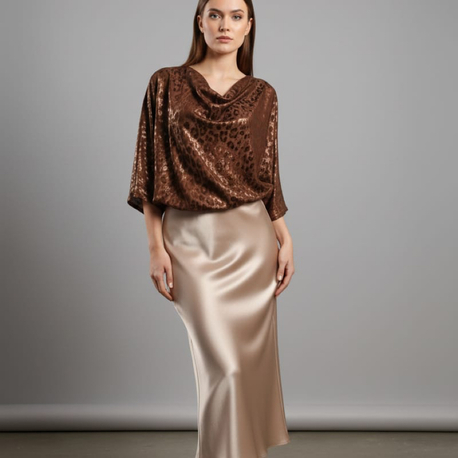 Leopar desenli bluz saten midi etek