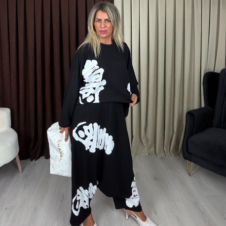 Stella Yazılı Şalvar Takım Siyah