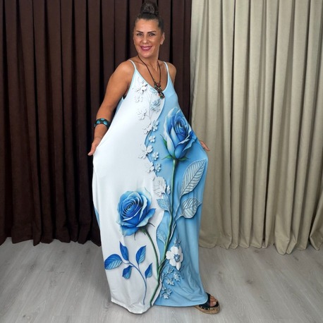 Otantik Tasarım Elbise Gül Desen Açık Mavi