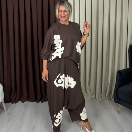 Stella Yazılı Şalvar Takım Kahve