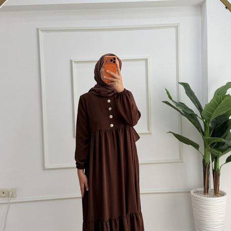 Nefes Katlı Düğmeli Kahve Elbise