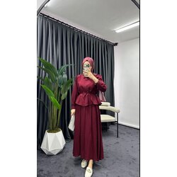 Soft Bordo Renk Fırfırlı Etekli Takım - Yazlık Rahat Şık Tesettür Takım