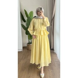Soft Sarı Renk Fırfırlı Etekli Takım - Yazlık Rahat Şık Tesettür Takım