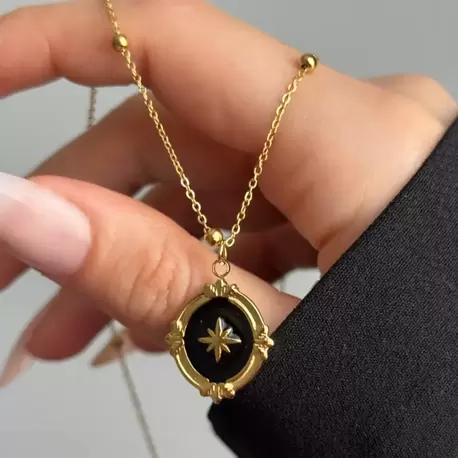 Çelik Siyah Mineli Kutup Yıldızı Kolye