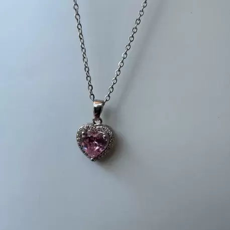 Çelik Pembe Taşlı Kalp Kolye