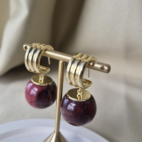 Çelik 14K Bordo Taşlı Küpe